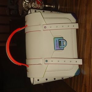 MICHAEL KORS, Manhattan Medium Contrast-Trim Leather Satchel, white